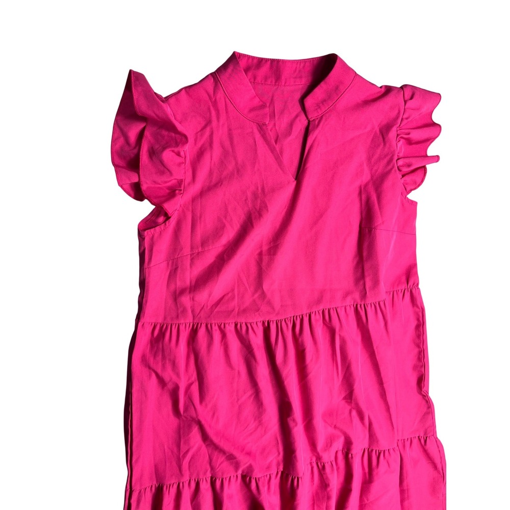 Hot Pink Tiered Midi Dress Ruffle Sleeve Flowy Barbiecore Cottagecore